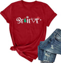 Christmas Shirt for Women Believe Letter Print T Shirts Asual Retro Holiday Short Sleeve Pullover Tops Xmas Gift