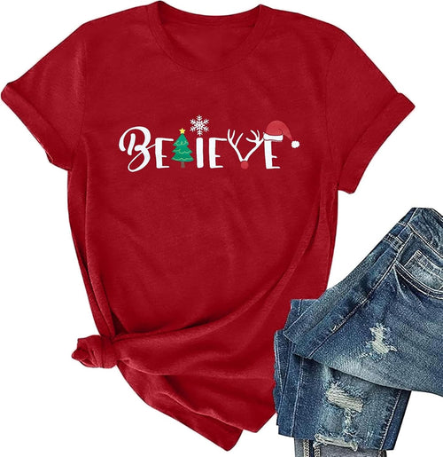 Christmas Shirt for Women Believe Letter Print T Shirts Asual Retro Holiday Short Sleeve Pullover Tops Xmas Gift