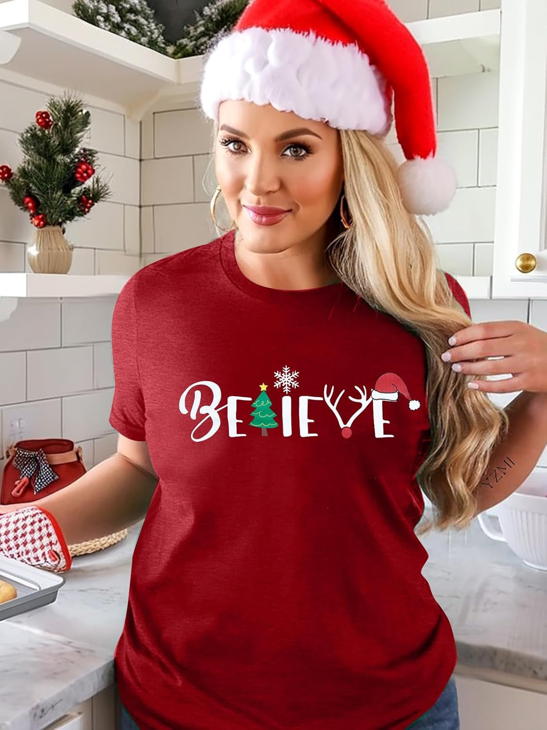 Christmas Shirt for Women Believe Letter Print T Shirts Asual Retro Holiday Short Sleeve Pullover Tops Xmas Gift