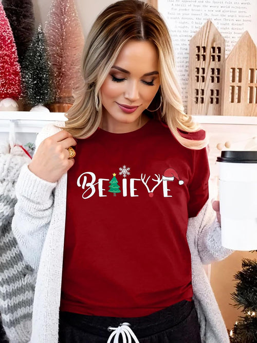 Christmas Shirt for Women Believe Letter Print T Shirts Asual Retro Holiday Short Sleeve Pullover Tops Xmas Gift