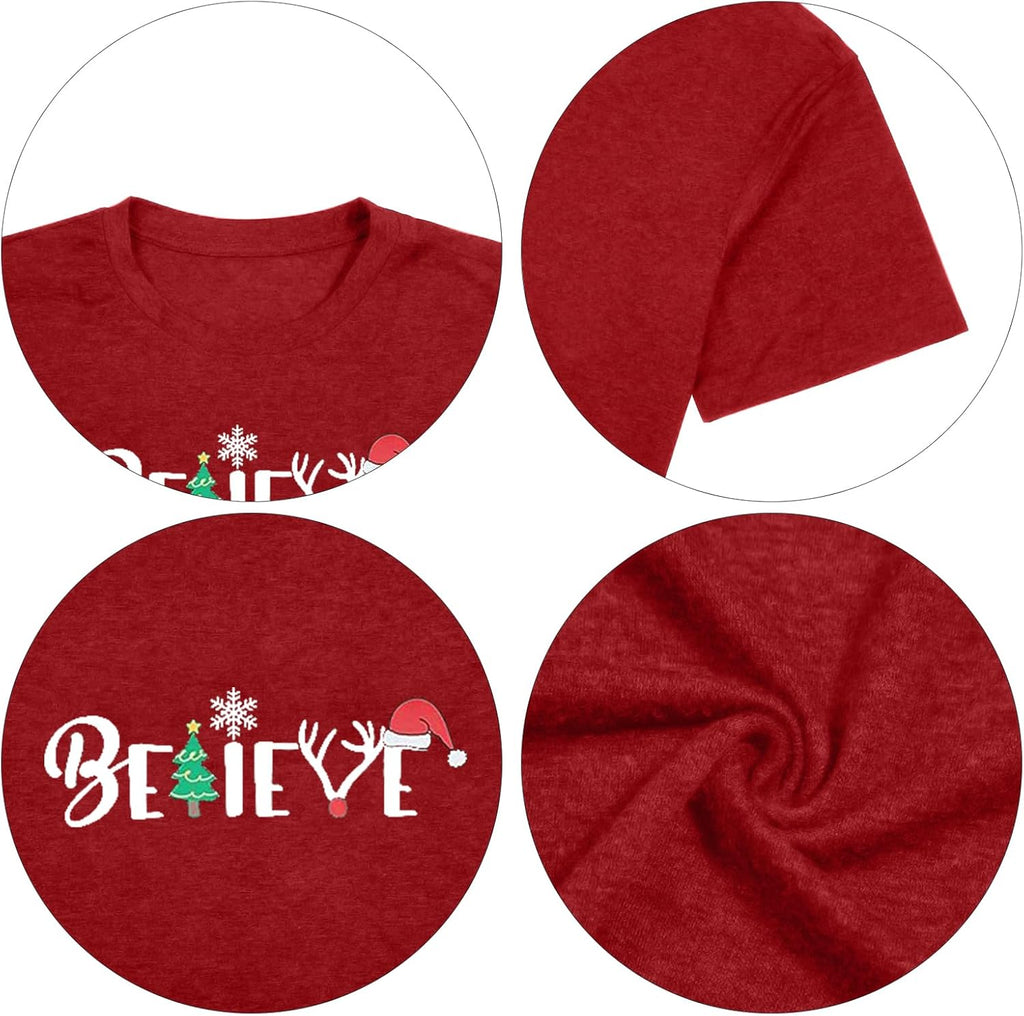 Christmas Shirt for Women Believe Letter Print T Shirts Asual Retro Holiday Short Sleeve Pullover Tops Xmas Gift
